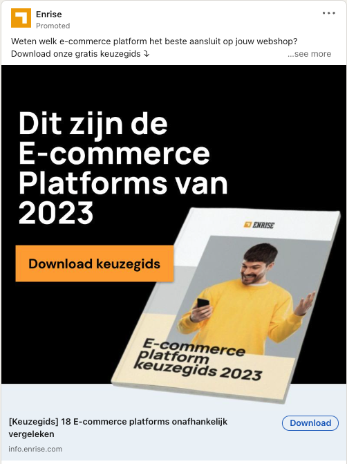 De opmaak van deze advertentie is echt super strak. De kleur van de afbeelding loopt over in de LinkedIn omgeving. Ook is slim gebruik gemaakt van lijnen die je naar de CTA button leiden.
5 LinkedIn advertenties waar jij wat van kunt leren.