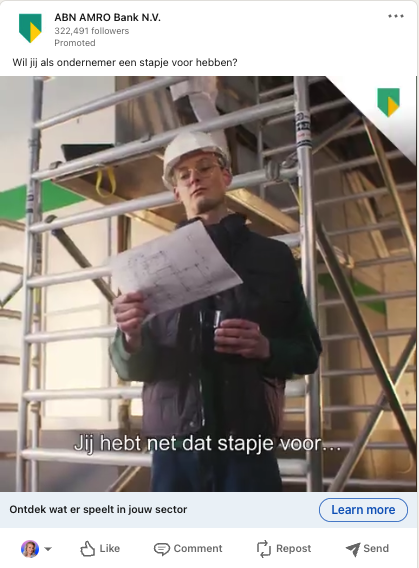 Deze advertentie is van ABN Amro Bank en is gericht op ondernemers. Het is een korte video. Hij is pakkend en heeft humor.
5 LinkedIn advertenties waar jij wat van kunt leren.